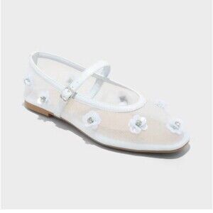 NWT A New DayFloral Mesh Ballet Flats Mint Green White Daisies Rhinestone 10